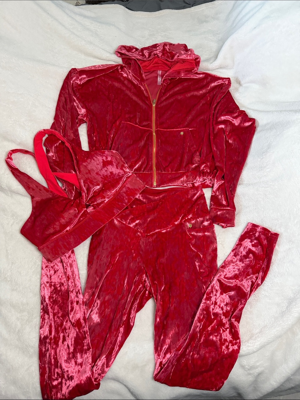 Fabletics Red Crushed Velvet Zip Hoodie & Jogger Set